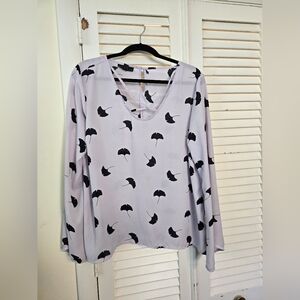 Attention Black and Purple Ginkgo Leaf Long Sleeve Relaxed Blouse XL